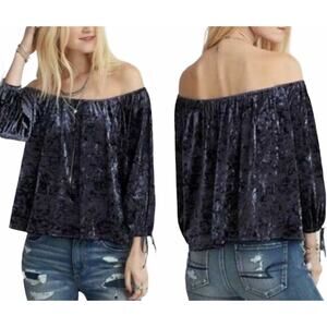 American Eagle Velvet Top XL Navy Blue Off Shoulder Boho Gothcore Whimsigoth